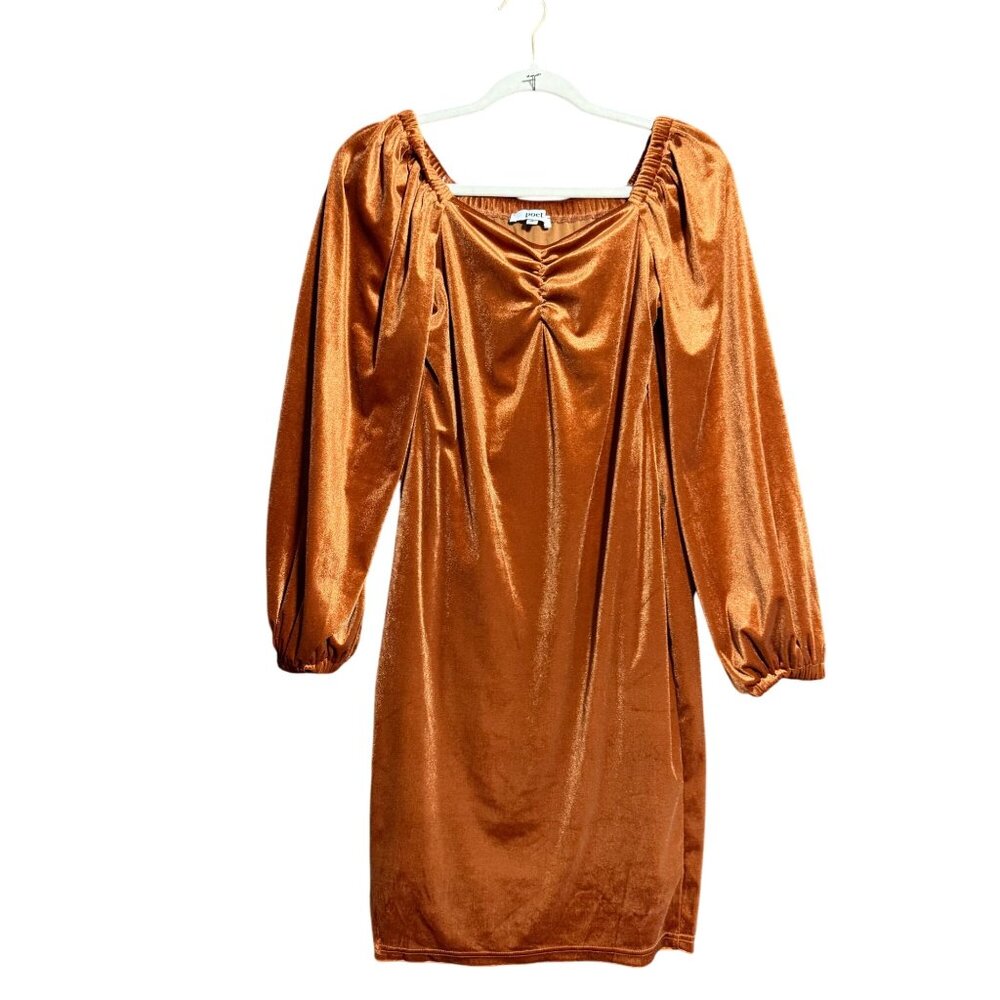Poet Velvet Pleated Chest Square Neck Dress Women's Small Brown Party Charm